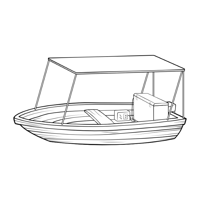 A small wooden boat with a portable battery and chest fridge inside it and a tent style shade on top of it