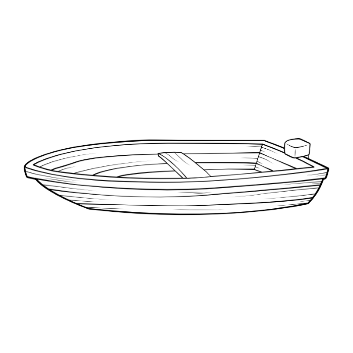 A small wooden boat with a small motor