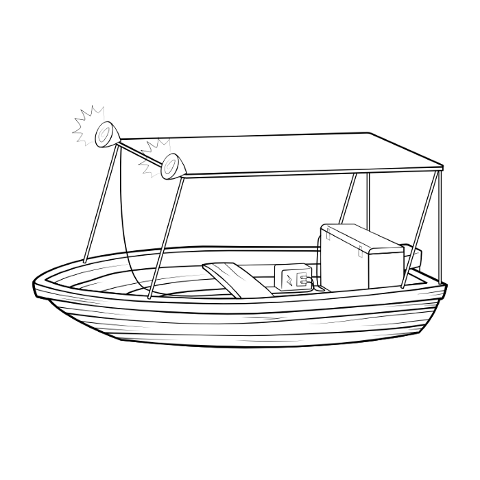 A small wooden boat with a portable battery and chest fridge inside it and a tent style shade on top of it and lights attached to the shade.