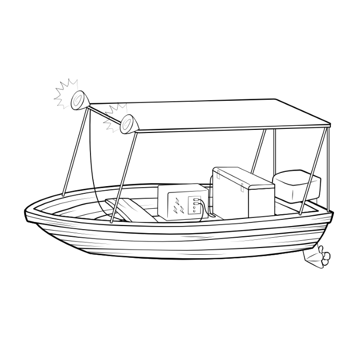 A small wooden boat with a portable battery and chest fridge inside it and a tent style shade on top of it and a larger motor