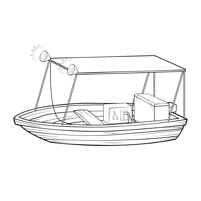 A small wooden boat with a larger portable battery and chest fridge inside it and a tent style shade on top of it
