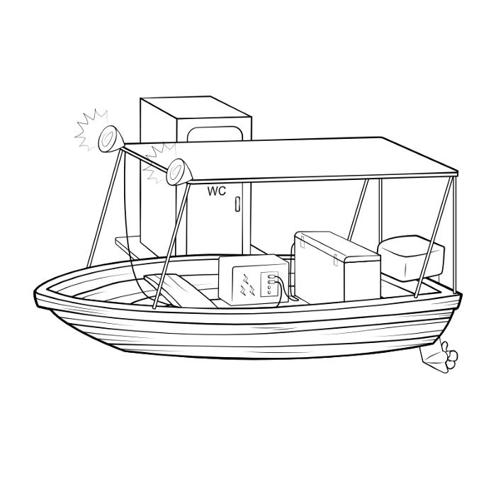A small wooden boat with a portable battery and chest fridge inside it and a tent style shade on top of it and a larger motor and a toilet attached to the side
