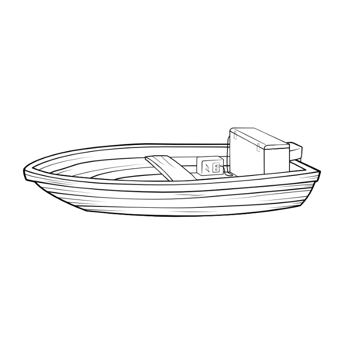A small wooden boat with a portable battery and chest fridge inside it