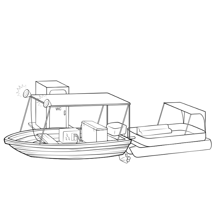 A small wooden boat with a portable battery and chest fridge inside it and a tent style shade on top of it and a larger motor and a toilet attached to the side and a pontoon attached to the back that can hold more people