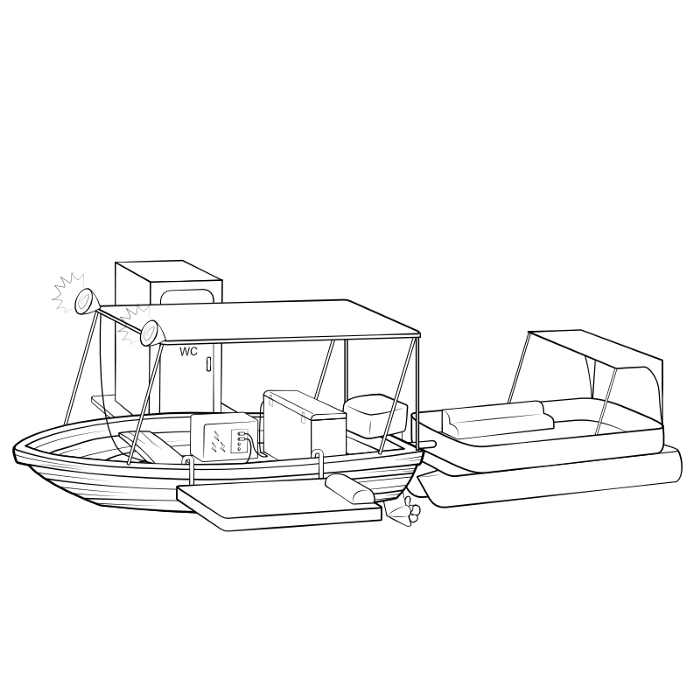 A small wooden boat with a portable battery and chest fridge inside it and a tent style shade on top of it and a larger motor and a toilet attached to the side and a pontoon attached to the back that can hold more people and a bed on the side of the boat
